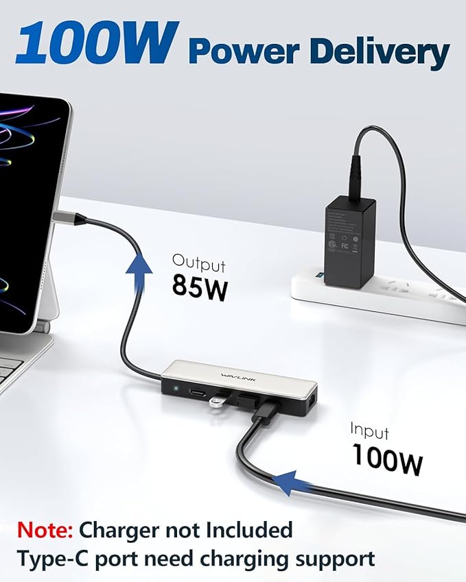 USB C Hub with Ethernet 2.5Gbps WAVLINK 6-in-1 USB C Hub 4K@120Hz HDMI 2.1 3 * 10Gbps USB-C/USB-A Ports 100W PD Charging for MacBook Pro/Air iPad Dell HP Lenovo Asus Acer