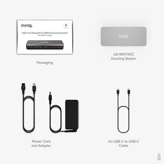 Plugable 12-in-1 Dual 4K USB C Docking Station Works With Chromebook Certified Driverless 60W Charging Dock Compatible with ChromeOS and Windows 2x HDMI 2x DisplayPort Ethernet 1x USB-C 6x USB