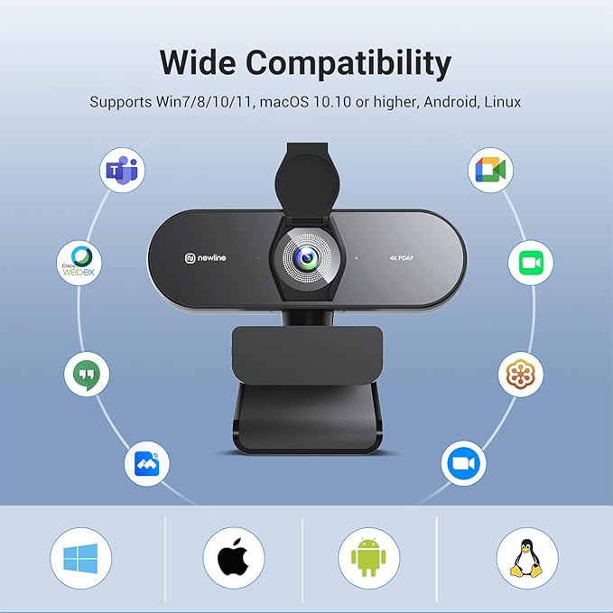N newline 4K Webcam for PC PDAF/CDAF Autofocus 1080P@60FPS 79° FOV Auto Light Correction 2 Noise Reduction Mics Privacy Cover USB-A Streaming Camera for Skype Teams Online Meeting NewEye 62