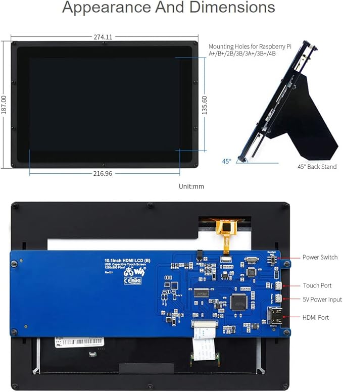 waveshare 10.1inch Capacitive Touch Screen LCD Compatible with Raspberry Pi 5/4B/3B/Zero/Zero W/Zero 2W/Pico/Pico W/Pico WH Comes with Case and Toughened Glass Cover 1280×800 Resolution HDMI IPS