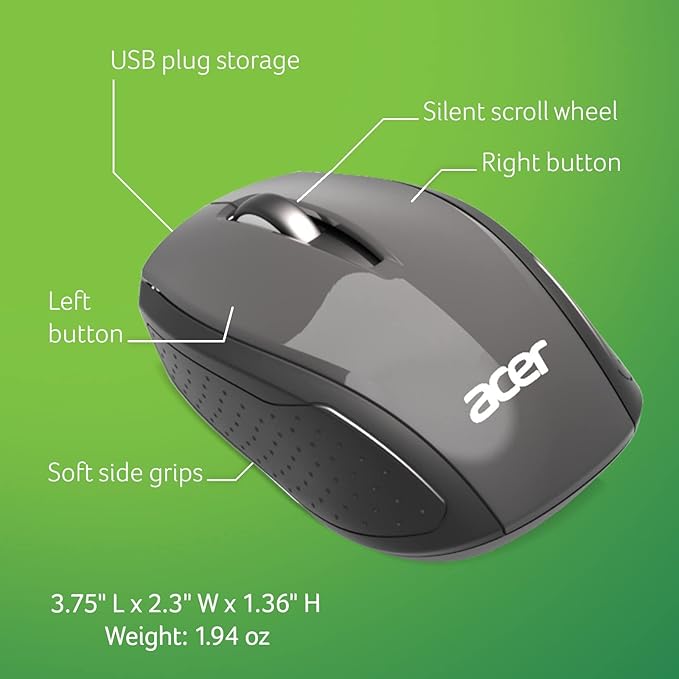 Acer RF Wireless Mouse (Gray/Black) Works with Chromebook with USB Plug and Play for Right/Left Handed Users (for Chromebooks Windows PC &amp Mac)