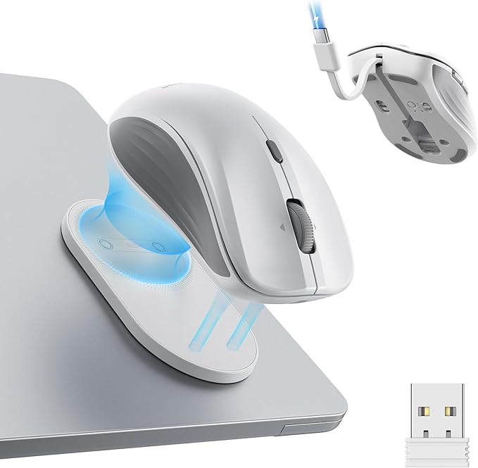 ESR MagMouse Snap-to-Carry Bluetooth Mouse Rechargeable Wireless Mouse for Laptop with Built-in Charging Cable Reusable Adhesive Holder BT 5.0 + 2.4 GHz Connectivity Silent Ergonomic White
