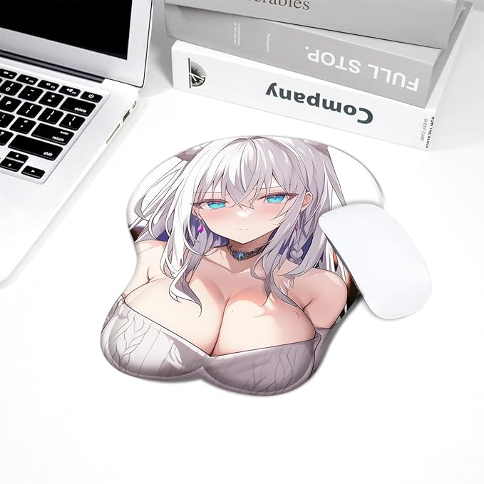 3D Mouse Pad Oppai Mouse Mat with Soft Gel Wrist Rest Anime Waifu Manga Gaming Boob pad Anti-Slip Mouse Mat (White Wolf Girl)