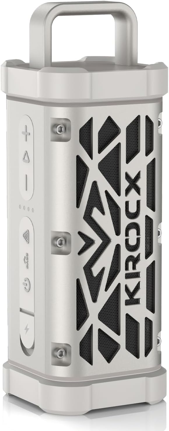 TRAVOR All-Aluminum Magnetic Outdoor Speaker Rugged Metal Body Portable Wireless Speaker 45W Deep Bass IP68 Waterproof BT TWS Pairing for Camping Golf Cart &amp Beach (Cloud Dancer Metallic)