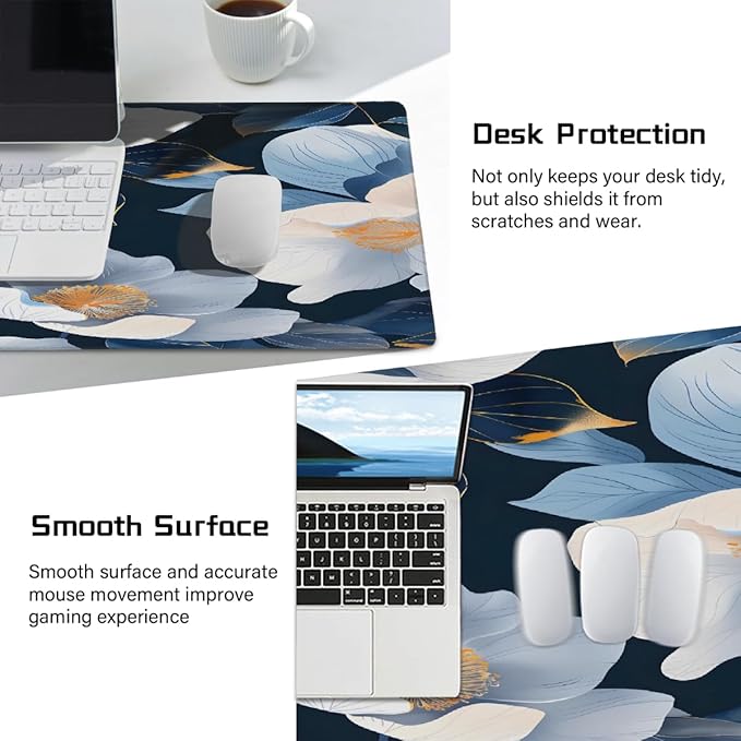 Blue Floral Flower Large Mouse Pad Gaming Mousepad Desk Mat for Desktop Computer Keyboard Waterproof Mouse Mat Desk Pad with Non-Slip Base for Game School Office Home 35.4 x 15.7