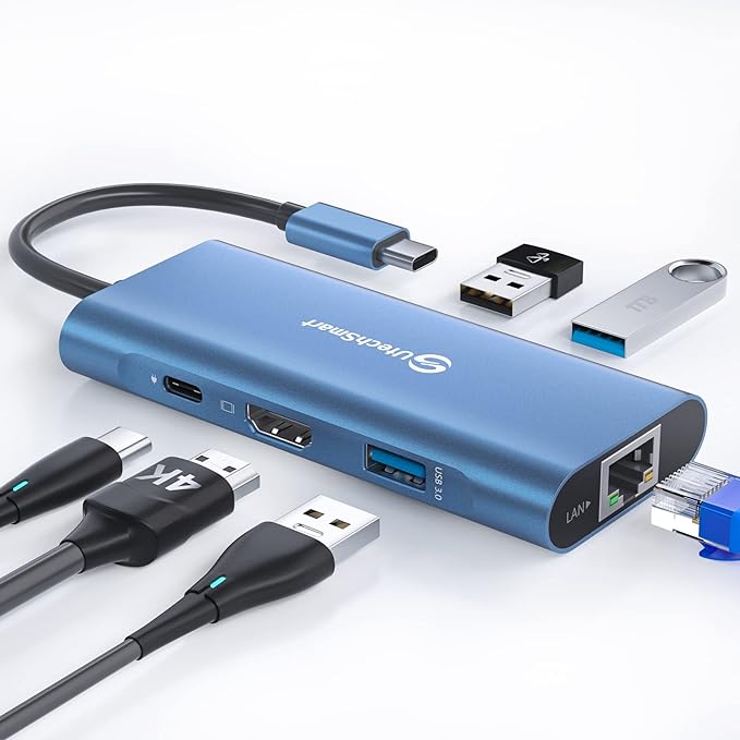 UtechSmart USB C Hub Ethernet Multiport Adapter 6 in 1 USB C to HDMI Dock Compatible for MacBook Pro/Air Chromebook Dell XPS HP and Type C Devices (Gigabit Ethernet 100W PD 4K HDMI USB 3.0) Blue