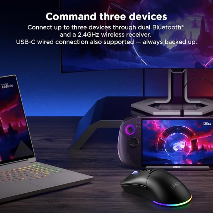Lenovo Legion M220 Wireless RGB Gaming Mouse Dual Channel Bluetooth 2.4Ghz Wireless USB-C Charging 5-Level DPI Switch Symmetrical Medium-Large Size Black