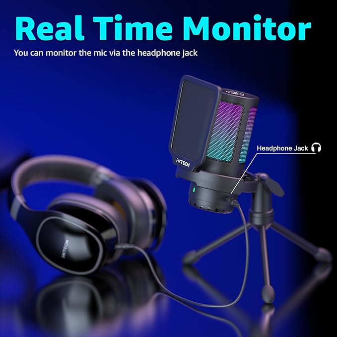 IXTECH USB Gaming Microphone for PC RGB Condenser Microphone with Tripod Stand Pop Filter Rotate Gain Button and Quick Mute Noise Cancellation Computer Mic for Streaming Gaming Podcasting