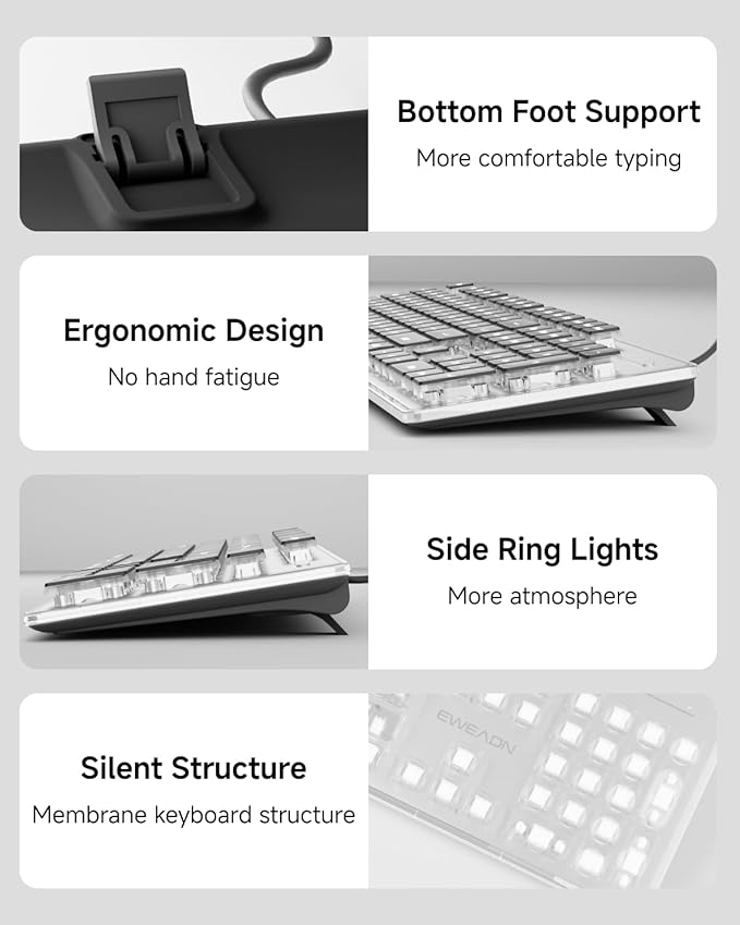 EWEADN GX710S Backlit Computer Keyboards Wired USB Keyboard with White Backlit Metal Panel Plug and Play Pudding Keycaps Full Size Quite Computer Keyboard for Win/PC/Laptop-Black