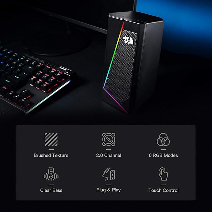 Redragon GS520 RGB Desktop Speakers 2.0 Channel PC Computer Stereo Speaker with 6 Colorful LED Modes Enhanced Sound and Easy-Access Volume Control USB Powered w/ 3.5mm Cable