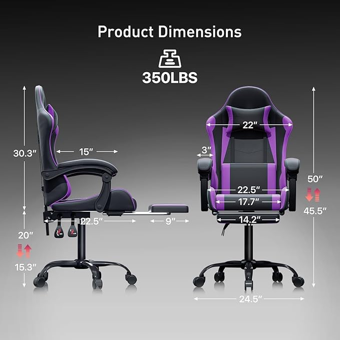 MoNiBloom Gaming Chair Office Chair Leather High Back Computer Chair with Headrest and Lumbar Support 360° Swivel Ergonomic Footrest Adjustable Gamer Chair for Adult Teen Home Office Using Purple