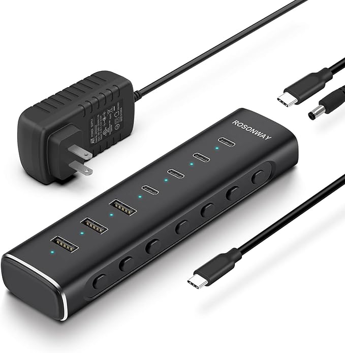 Rosonway 7 Ports Powered USB 3.2/USB C Hub 10Gbps with 4 USB-C 3.2 3 USB-A 3.2 Ports 3.3ft Cable and 36W(12V/3A) Power Adapter Aluminum USB Splitter for Laptop RSH-H7C4
