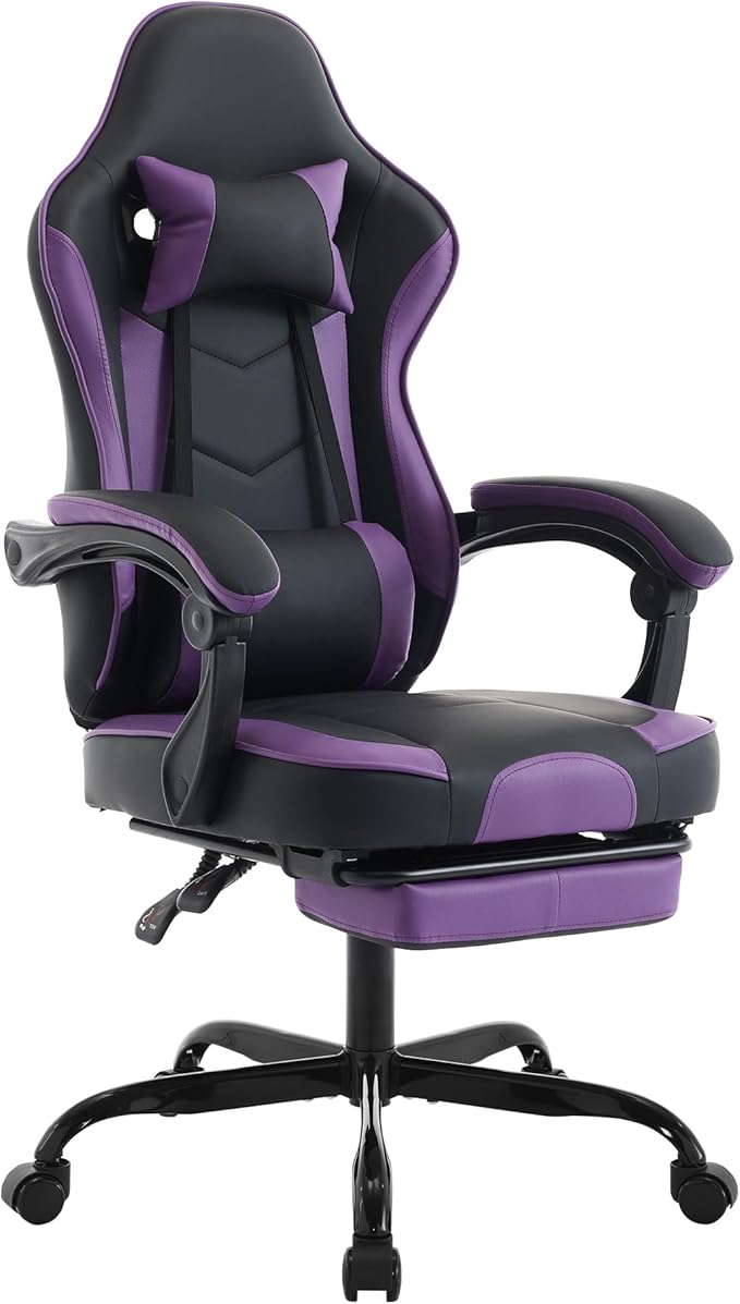 Cute Gaming Chair with Cat Paw Lumbar Cushion and Cat Ears Kawaii Pink Computer Chair with Footrest Ergonomic PC Video Anime Gaming Chairs Recliner for Kids Girls Teens (Purple+Black)