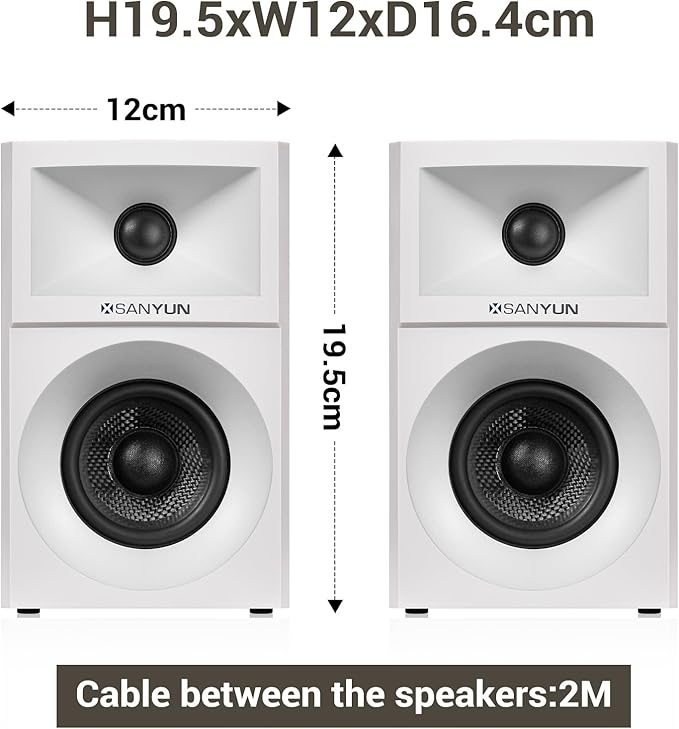 Sanyun SW203 4.0 Computer Speakers - 60W 4-Way DSP Control 3D Immersive Sound - 3 Carbon Fiber Woofer &amp 20mm Silk Dome Tweeter - 24bit DAC USB/Bluetooth 5.4/AUX - Studio-Grade Audio (Pair White)