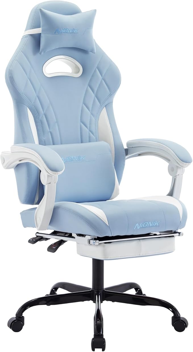 Gaming Chair with Footrest and Massage Lumbar Support Ergonomic Computer Gamer Chair Office Video Game Chairs (Cyan White)