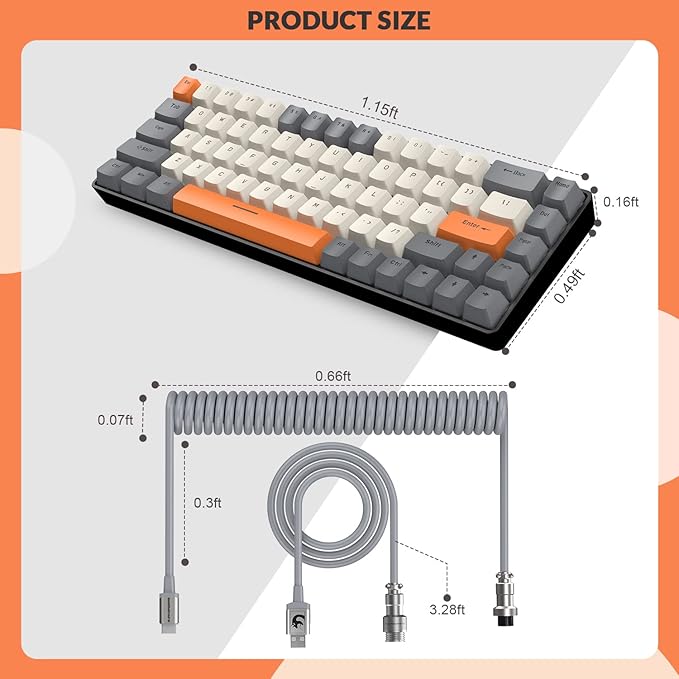 T8 60% Gaming Keyboard68 Keys Compact Mini Wired Mechanical Keyboard with 18 Chroma RGB BacklitBlue SwitchUSB C Coiled Keyboard Cablefor PCLaptopMacPS4Xbox-Dark Grey