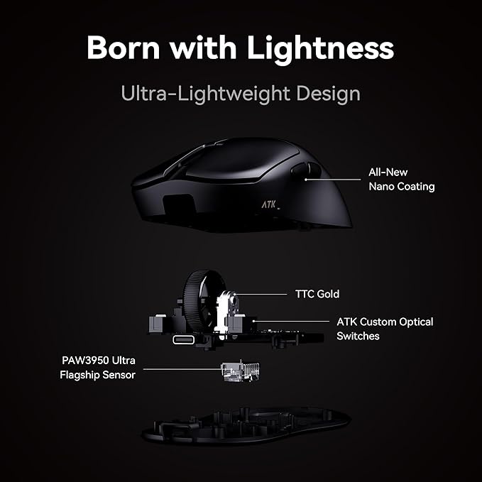 ATK Blazing Sky U2 V2 Wireless Gaming Mouse PAW3950 Ultra Sensor Nordic 54L15 MCU 8K Palling 2.4G/Wired (Green Mini)