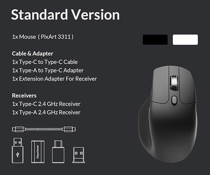 Keychron M6 Wireless All Silent Gaming Optical Mouse 1000Hz Tri-Mode 2.4 GHz/Bluetooth 5.3/Wired PixArt 3311 Sensor 12000 DPI Magnetic Metal Scroll Wheel for Windows PC/Mac - White