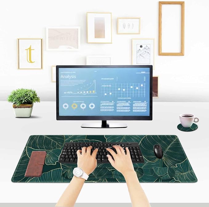 ToLuLu Extended Gaming Mouse Pad Memory Foam Ergonomic Keyboard Mouse Wrist Rest Support Set Large Desk Mat with Stitched Edges Non-Slip Base Mousepad for Home Office Game Green Golden Leaves