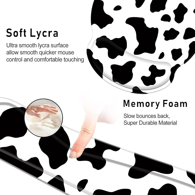 Keyboard Wrist Rest and Mouse Pad Wrist Support Set with CoastersNon-Slip PU Base Ergonomic Gaming Mousepad for Home Office Working Studying Easy Typing &amp Pain ReliefCute Cow Print