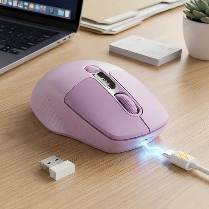 EWEADN Q1 Wireless Mouse BT &amp 2.4G Silent Mouse Quiet Click with 1600 DPI Levels Battery &amp DPI LED Screen Display 6 Button Small Portable Bluetooth Mouse for Laptop/PC/Mac-Purple