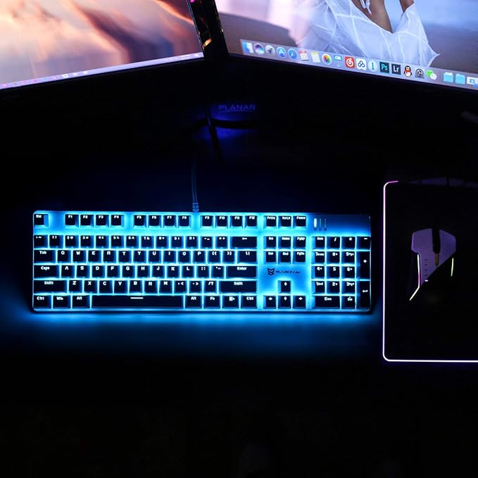 104 Keys Full Size Mechanical PC Gaming Keyboard | Brown Switch Hot Swappable White Mechanical Wired Computer Keyboards | Ice Blue LED Backlit 104 Keys US Layout Light Up Wired Gaming Keyboard