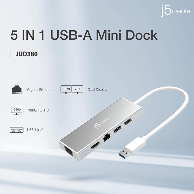 j5create USB 3.0 Hub with HDMI VGA RJ45 Gigabit Ethernet 2 USB 3.1 Type-A Ports - High Speed Data Transfer Adapter for Mac Windows Desktop PC - Supports Up to 2K Resolution (JUD380)