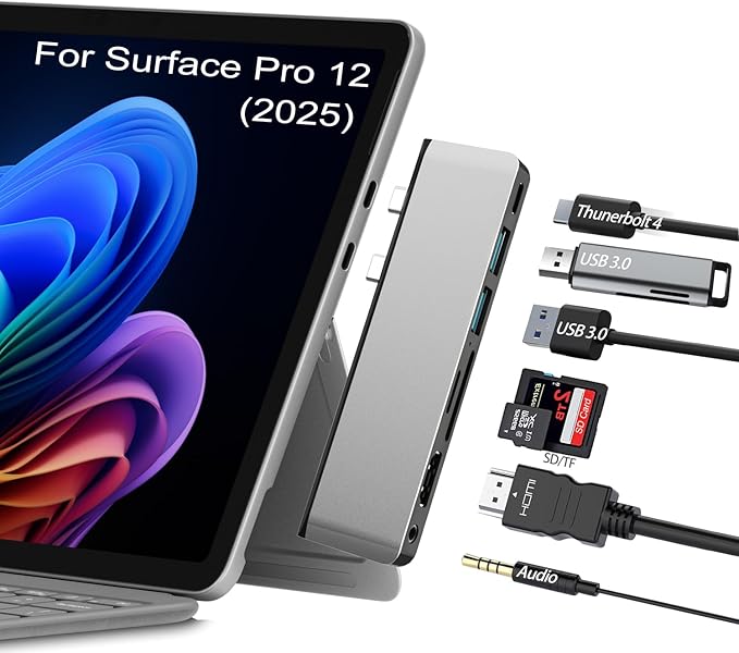 Surface Pro 12 Accessories Docking Station USB Hub and Adapter with 4K HDMI USB-C Thunderbolt 4 (Display+Data+100W PD) 2 USB 3.0 3.5mm Audio SD/TF Card Slot for Surface Pro 12 inch 2025