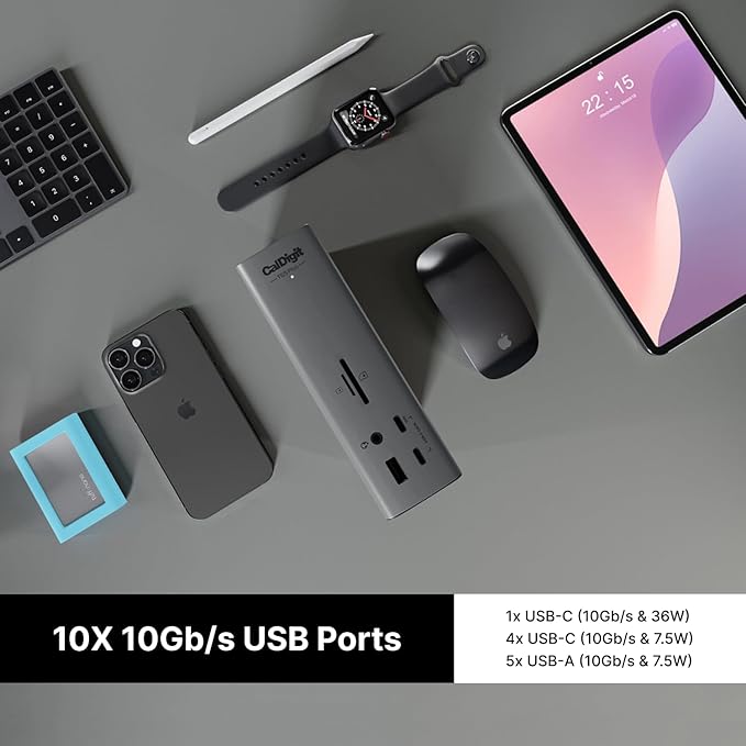CalDigit TS5 Plus - Thunderbolt 5 Dock - 20 Port10GbE 140W Dedicated Host Charging Thunderbolt 5 x3 USB 10Gb/s x10 Dual USB Controllers Up to Dual 8K 60Hz Displays 1.0m Braided Cable 330W PSU