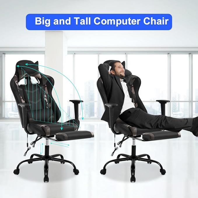 Computer Swivel Gaming Chair Video Game Chair PU Leather Executive Chair High Back Gaming Office Chair with Lumbar Support Adjustable Armrest Headrest Footrest for BoysGirlsCamo