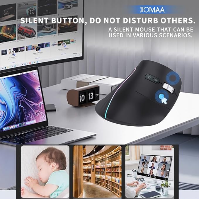 JOMAA Wireless Vertical Mouse Multi-Device Bluetooth 5.2 &amp 2.4G Ergonomic Mouse with RGB Lighting 4000 CPI 500mAh Rechargeable for Laptop PC Computer Mac WindowsAndroid Desktop