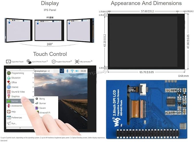 2.8inch IPS 480×640 Display LCD DPI Interface Capacitive Touch Screen Fully Laminated Toughened Glass Cover for Raspberry Pi 4B/3B+/3B/2B/Zero/Zero W WH Raspbian Kali