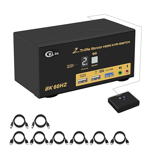 CKLau 2 Port Triple Monitor KVM HDMI Switch 8K@60Hz 4K@144Hz for 3 Monitors 2 Computers Share Keyboard and Mouse Support Emulation EDID Hotkey Function HDMI 2.1 HDR