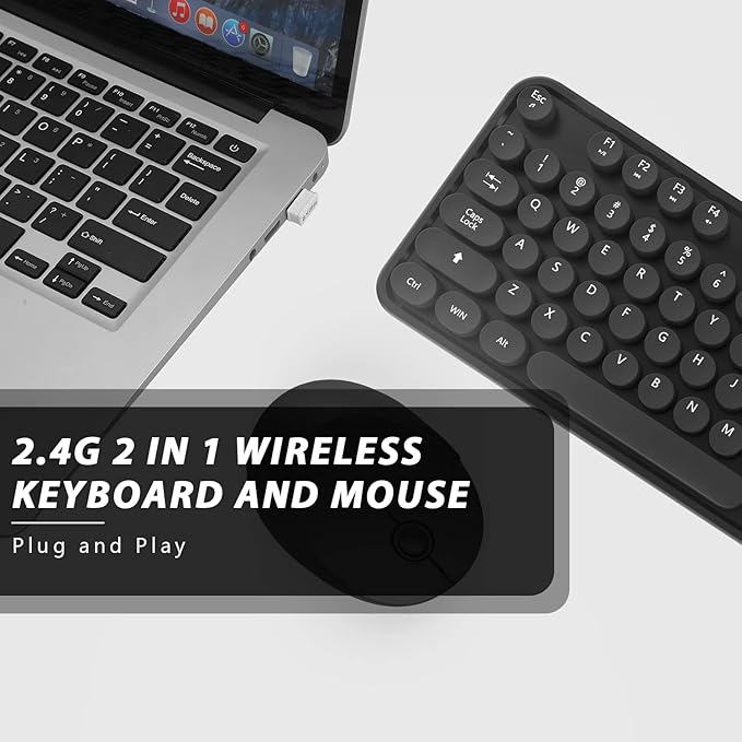 Wireless Keyboard and Mouse KOOTOP Cute Black Keyboard and Mouse 2.4G Wireless Keyboard with Retro Round Keycap for PC Mac LaptopTabletComputer Windows (Black)