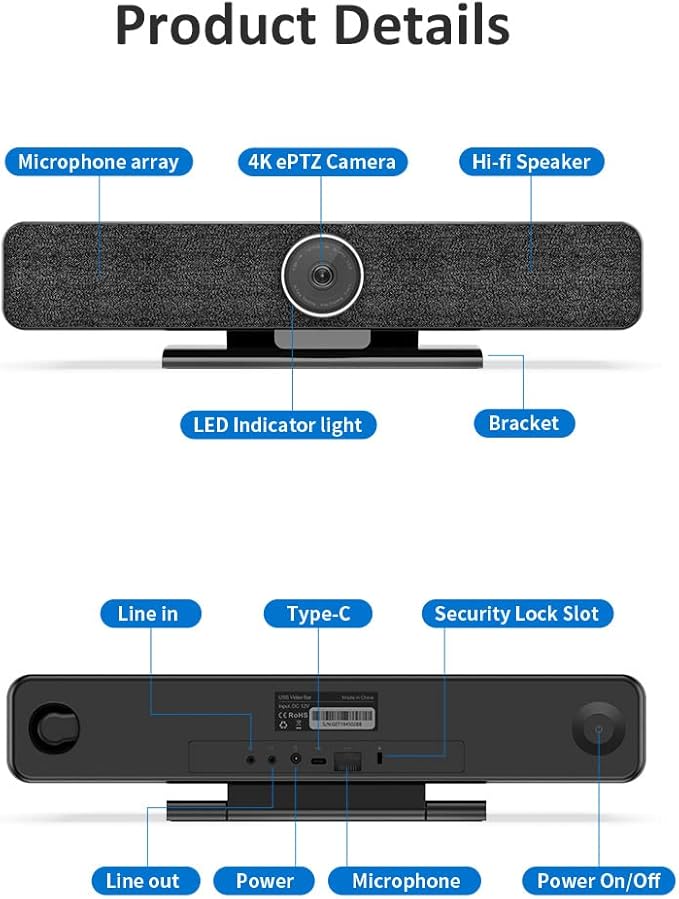 youyeetoo 4K Webcam ePTZ Video Conference Camera with Mircophone 116 Degree FOV 8mp AI Face Tracking Auto Zoom USB Plug-and-Play for Remote Conference/Online Education