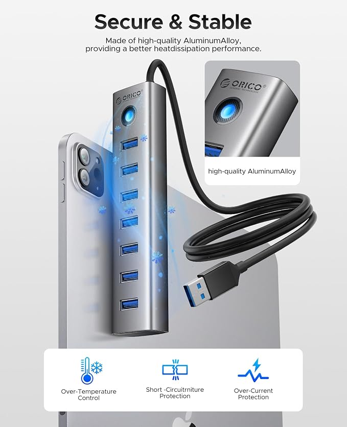 ORICO Aluminum 7-Port USB Hub + 256 GB UFSD USB C Flash Drive