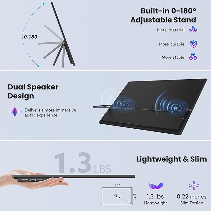 Portable Monitor Touchscreen 15.6'' FHD 1080P USB-C HDMI Ultra-Slim Gaming Display Built-in Stand Speakers HDR IPSfor Laptop PC Mac Phone PS4/5 Travel Monitors (1080p Touchscreen 15.6)