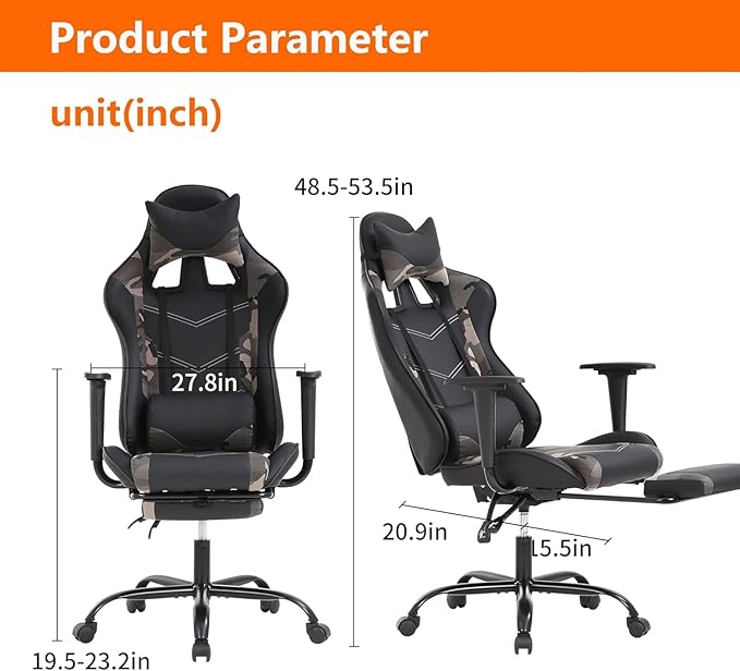 PC Gaming Chair with Footrest Ergonomic Home Office Chair with Lumbar Support &amp Headrest Pillow Height Adjustable Swivel Recliner Racing Computer Video Game Chairs Camo
