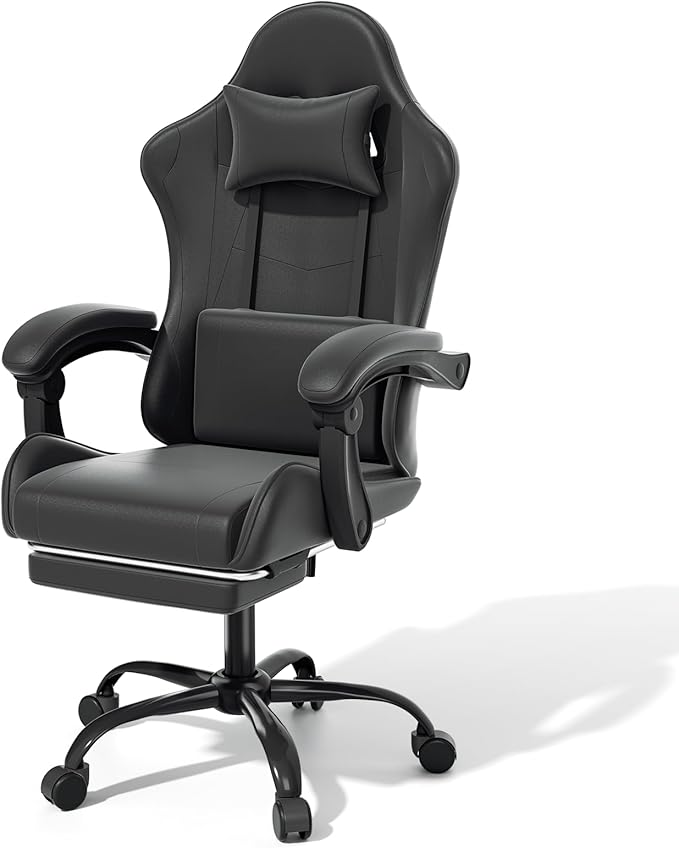 MoNiBloom Gaming Chair with Footrest High Back Video Game Chair with Headrest &amp Lumbar Support Height Adjustable Leather Swivel Computer Chair for Adult Teen Office or Gaming Black