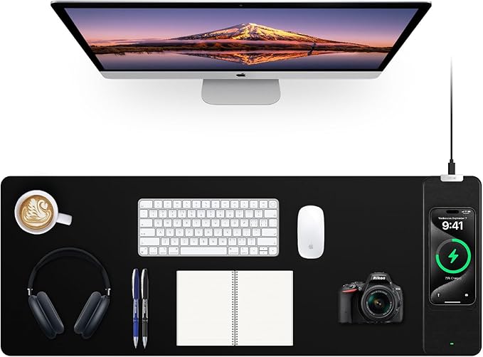 Mouse Pad with Wireless Charging Black Mousepad Long Desk Mat Large Gaming Mouse Pad Soft Mouse Pad Gaming Desk Pad with Non-Slip Rubber Base Extended Computer Keyboard Mat Office Mice Pad