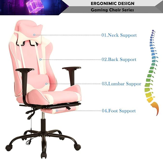Gaming Chair Racing Style Office Computer Game Chair Ergonomic Desk Chair with Headrest Lumbar SupportHigh Back Gamer Office Chair Massage Recliner Video Game Chairs for Kids or AdultsPink