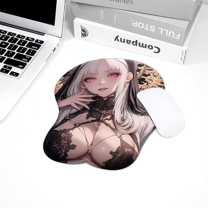 Japanese Style 3D Anime Sexy Wrist Rest Mouse Pad 3D Hot Anime Girl Gaming Mouse Pad Computer Accessroies Anti-Slip Base Silly Gift (Black Nun)