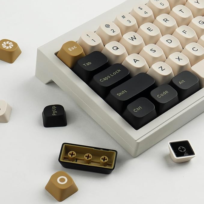 Double Shot PBT Keycaps171 Keys YMK Profile Keycaps Classic Black &amp White Gold Custom Dye-Sub Retro Keycap Set for Cherry MX Switches ISO/ANSI UK Layout Mechanical Gaming Keyboard(Black White Gol