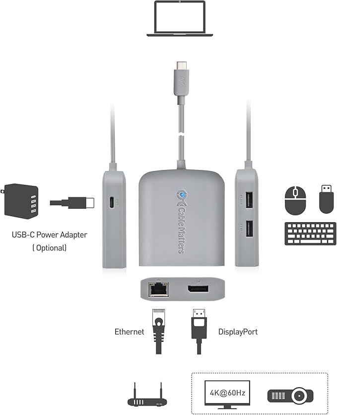 Cable Matters USB C Hub DisplayPort 4K@60Hz (USBC DisplayPort Hub) 100Mbps Ethernet 2X USB 60W Host Charging in Gray - Thunderbolt 4 / Thunderbolt 3 Port Compatible for MacBook Pro