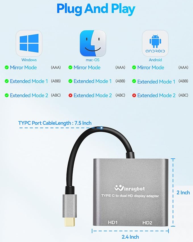 USB C to Dual HDMI Adapter 4k60Hz Dual Monitors Extend for USB-C Devices 4K Dual Screen Display Converter for Windows &amp Mac Compatible MacBook Pro/Air Dell Lenovo XPS