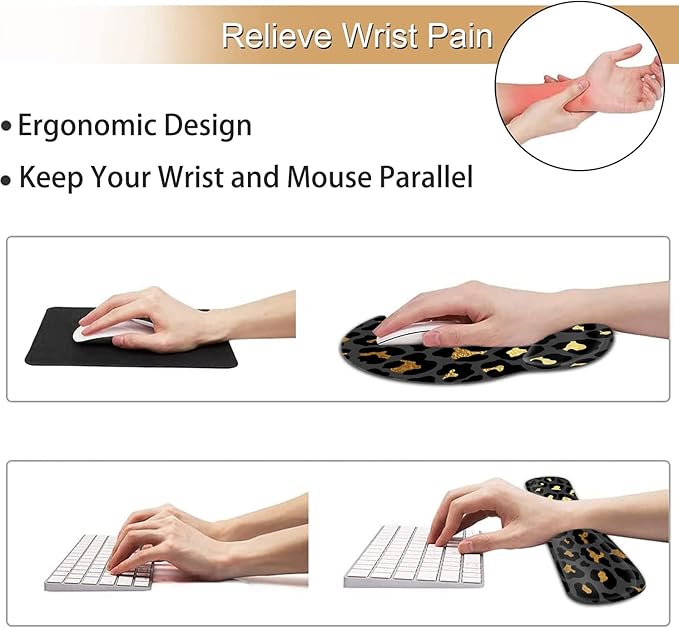 Ergonomic Mouse Pad Gel Wrist Support and Memory Foam Keyboard Wrist Rest Set for Gaming Computer Office Laptop Easy Typing Wireless Mouse Mat Funy Gold &amp Black Leopard Print Office Desk Pad