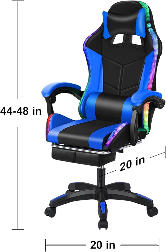 Gaming Chair with LED Lights Ergonomic Massage Computer Chair Video Game Chair Reclining Gaming Chairs with Footrest Chair Gaming High Back Music Video Chair with Lumbar Support (Blue2)