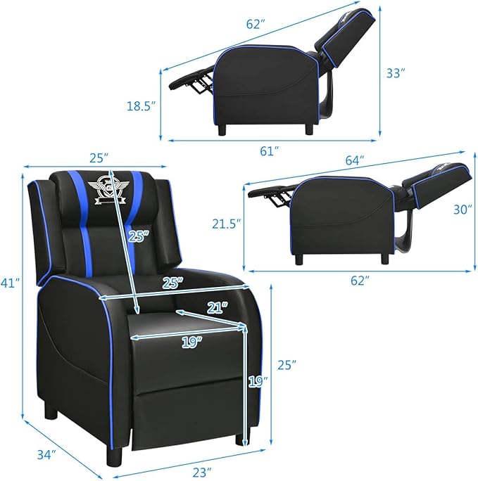 DORTALA Massage Gaming Chair for Adults Adjustable Recliner Sofa w/Footrest and Massage Function Adjustable Living Room Recliner Home Theater Seating PU Leather 330LBS Weight Capacity Blue