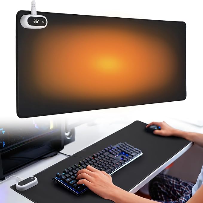 Large Heated Gaming Mouse Pad Gamer Gifts- 5 Levels Heating &amp Timed Auto Shut-Off Heated Desk Pad Mat for Keyboard Winter Gaming Accessories Gifts for Men Boy Women 31.5''x13'' Black