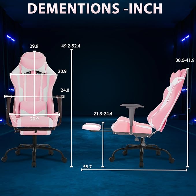 PayLessHere Racing Gaming Chair Office Massage Chair Ergonomic Recliner with Computer Desk PU Leather Lumbar Support Footrest Rolling Swivel and Task Function Ultimate Comfort for Adults (Pink)